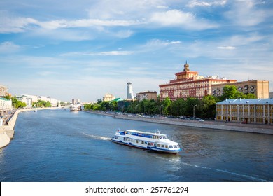 Panoramic View Of Moscow River With Cruise Boat In Moscow, Russia