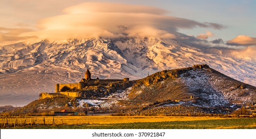 Panoramic view of Mount Ararat in Armenia. Sunrise over Ararat in Armenia with Khor Virap Monastery. Letter box format