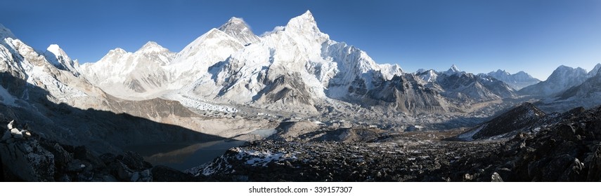 panoramic view of Mount Everest with beautiful sky and Khumbu Glacier - way to Everest base camp, Khumbu valley, Sagarmatha national park, Nepal 