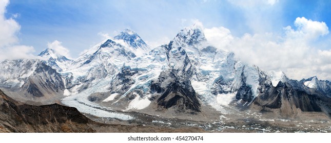 panoramic view of Mount Everest with beautiful sky and Khumbu Glacier - way to Everest base camp, Khumbu valley, Sagarmatha national park, Nepal 