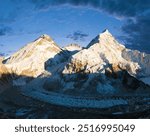 Panoramic view of Mount Everest, Lhotse and Nuptse from Pumori base camp, way to Mount Everest base camp, Khumbu valley, Sagarmatha national park, Nepal Himalayas mountains, evening sunset view