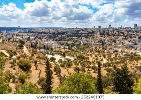 Panoramic view from Mount Scopus of the historical neighbourhoods of the center of Jerusalem and the Old City with the Dome of the Rock, Israel
