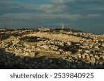 Panoramic view of Mount Scopus, the Mount of Olives and At-Tur Arab neighborhood on the eastern edge of Jerusalem, Israel. 