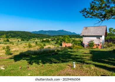 Panoramic View Of Mountain Gola Pljesevica Peak. On The Top Is Built Abandoned Military Radar Station And The Croatian Communication Tower.