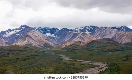 Panoramic view of the mountain range at Polychrome Pass in Denali National Park and Preserve, Alaska