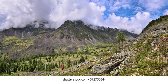 Panoramic View Of Mountain Valley From Slope. Siberian Woodlands And Alpine Tundra. Eastern Sayan. Siberia. Russia