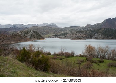 Panoramic view of the mountains around the water reservoir at Caldas de Luna, between Asturias and Leon. Spain. Europe