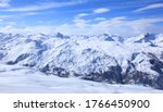 Panoramic view of the mountains of France on a winter sunny day. Haute Savoy, France. Snow Park.
