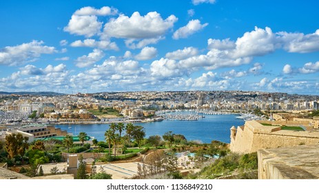 Panoramic view of the Msida harbour and city from Valetta, Malta