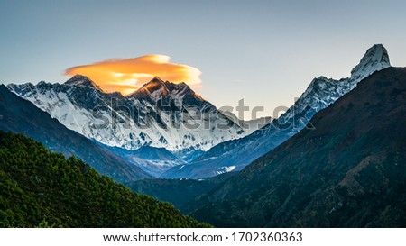 Panoramic view of Mt Everest, Lhotse and Ama Dablam peaks from Namche view point. Panorama of highest mountains in Nepal during Everest Base Camp trek.