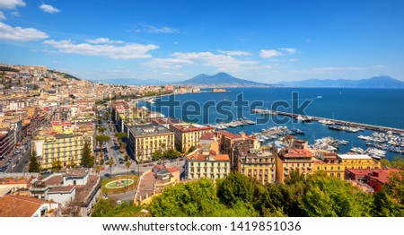 Panoramic view of Naples city, Chiaia neighborhood, Mount Vesuvius and gulf of Napoli, Mediterranean sea, Italy