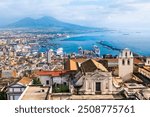 Panoramic view of Naples city and Gulf of Naples, Italy. Vesuvius volcano in the background. Famous travel destination.