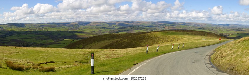 Panoramic View Narrow Road Welsh Hills From The Mynydd Epynt, Wales UK.