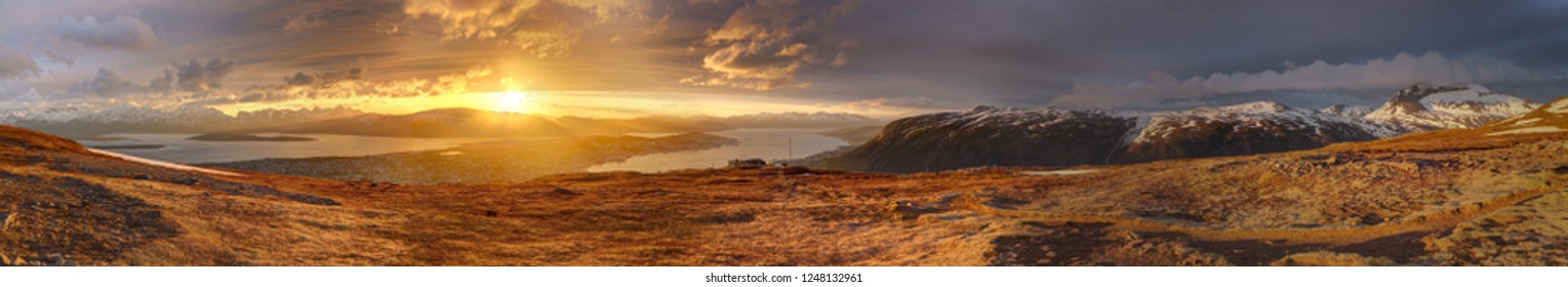 Panoramic View Near Tromso During Midnight Sun