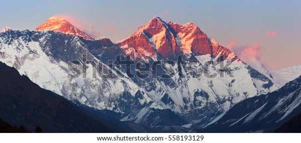 Panoramic view of Nepalese Himalayas in Solukhumbu District (Sagarmatha National Park) at sunset: Nuptse peaks, Everest, Lhotse