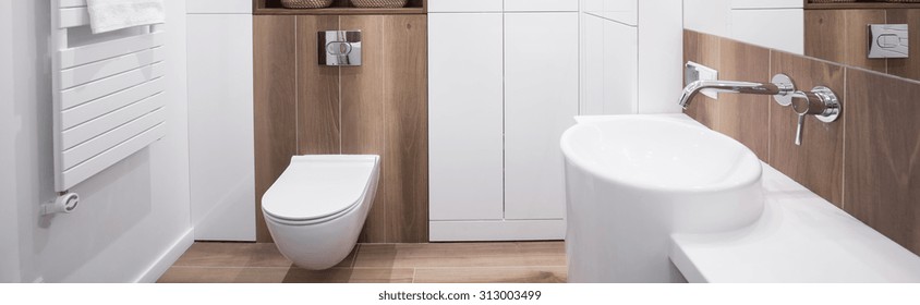 Panoramic view of new design white bathroom interior