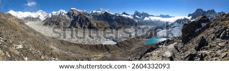Panoramic view of Ngozumba glacier and great himalayan range, Mount Everest, Lhotse Cho Oyu and Makalu, Gokyo lake and village, from Gokyo Ri, Nepal Himalayas mountains