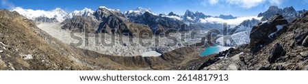 Panoramic view of Ngozumba glacier and great himalayan range, Mount Everest, Lhotse Cho Oyu and Makalu, Gokyo lake and village, from Gokyo Ri, Nepal Himalaya mountain