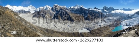 Panoramic view of Ngozumba glacier and great himalayan range, Mount Everest, Lhotse Cho Oyu and Makalu, Gokyo lake and village, from Gokyo Ri, Nepal Himalaya mountain