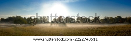 Panoramic view of Nidda valley in the morning with ground fog against the light of the rising sun