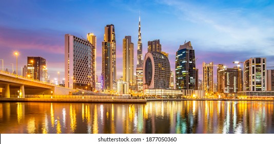 Panoramic view of night Dubai city, UAE
