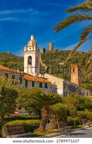 Panoramic view of the Noli seafront, Monte Ursino Castle, Liguria, province of Savona, Italy. Riviera dei Fiori. Maritime Republic.