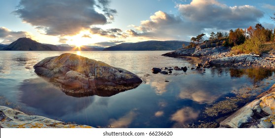 Panoramic View Of Norwegian Fjord.