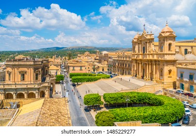 Panoramic view in Noto, with the Cathedral and the Palazzo Ducezio. Province of Siracusa, Sicily, Italy.