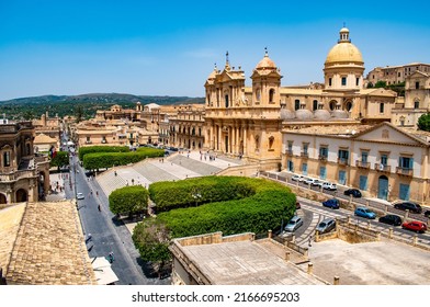 Panoramic View Of Noto With The Main Street And Cathedral San Nicolo. Sicilian Baroque Town