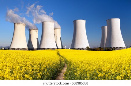 Panoramic view of Nuclear power plant Jaslovske Bohunice with golden flowering field of rapeseed, canola or colza - Slovakia - two possibility for production of electric energy