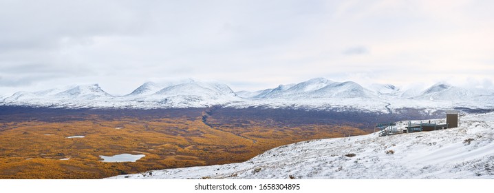 Panoramic View From Nuolja Mountain Top With Aurora Sky Station And Surrounding Mountain Area, Abisko National Park.