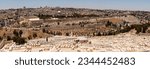 A panoramic view of the Old City of Jerusalem from the Mount of Olives. The old city wall, the Dome of the Rock, and other landmarks are all visible from this location.