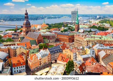 Panoramic view of the old city of Riga, Latvia from the tower Church of St. Peter. Summer sunny day.
