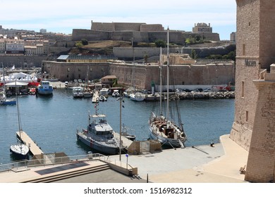 Panoramic View Of The Old Port Of Marseille, Vieux-Port De Marseille In French, At The End Of The Canebière Street, Marseille, France. September, 13, 2019. Many Boats And Yachts Visible In The Marina.