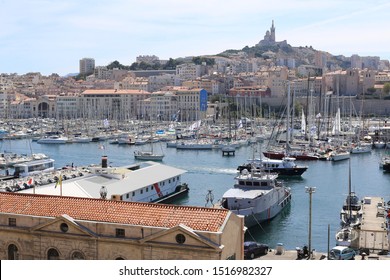 Panoramic View Of The Old Port Of Marseille, Vieux-Port De Marseille In French, At The End Of The Canebière Street, Marseille, France. September, 13, 2019. Many Boats And Yachts Visible In The Marina.