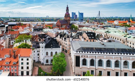 Panoramic view of old town in city Riga,Latvia. Captured from above with a drone.