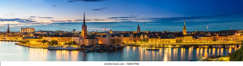 Panoramic view of Old Town (Gamla Stan) in Stockholm, Sweden in a summer night