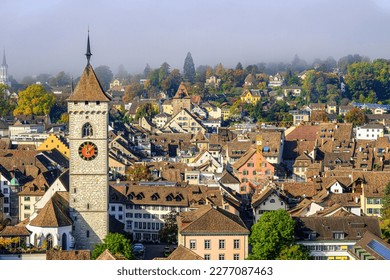 Panoramic view of the old town of Schaffhausen, Switzerland from Munot fortress.