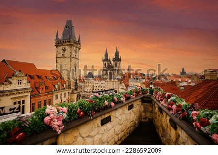 Panoramic view of Old Town square and Clock Tower in Prague in a beautiful spring day at sunset, Czech Republic