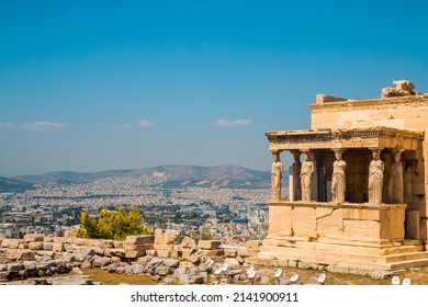 Panoramic View On Athens From Acropolis, Erechtheion Or Temple Of Athena Polias With Caryatid, Sculpted Female Statue Serving As An Architectural Support The Porch Of The Maidens