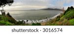 Panoramic view on Baker Beach, Pacific Ocean and Golden Gate Bridge from Presidio of San Francisco park.