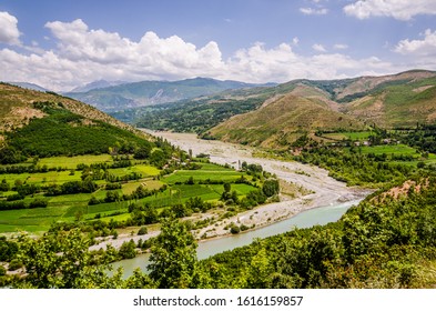 Panoramic View On Black Drin River In Albania In Summer