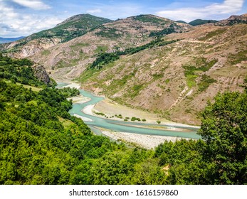 Panoramic View On Black Drin River In Albania In Summer