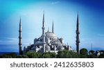 Panoramic view on the Blue mosque of Istanbul or Sultanahmet, historic famous religious landmark, great touristic place, Turkey