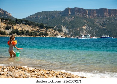 Panoramic view on cliffs, blue sea clear water on Plage du Bestouan beach in Cassis, Provence, France