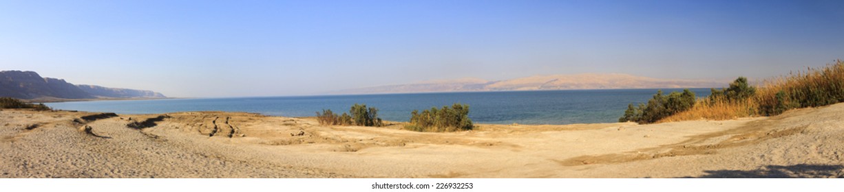 Panoramic view on the Dead sea beach in the summer late afternoon, Israel. 