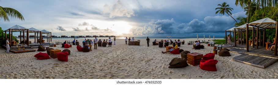 Panoramic View On The Maldives Beach Barbecue. Beach Party.