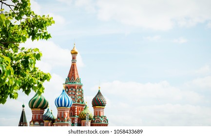 Panoramic View On Moscow Red Square Kremlin Towers, Christ The Saviour Cathedral, Moscow River, Bridge. Famous Sightseeing Tours Places, Travel Destination, Russian Foreign Policy