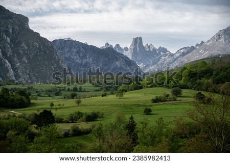 Panoramic view on Naranjo de Bulnes or Picu Urriellu, limestone peak dating from Paleozoic Era, located in Macizo Central region of Picos de Europa, mountain range Asturias, North Spain