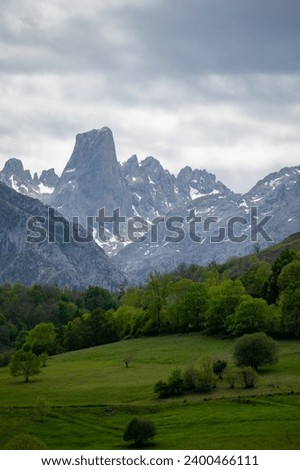 Panoramic view on Naranjo de Bulnes or Picu Urriellu, limestone peak dating from Paleozoic Era, located in Macizo Central region of Picos de Europa, mountain range Asturias, North Spain